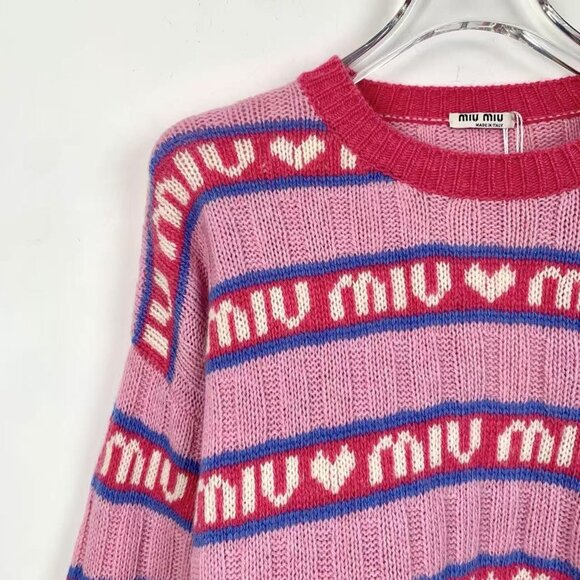 Miu Miu Pink & Purple Striped Knit Wool Sweater With Heart Motif Womens Size 38 - Picture 3 of 8